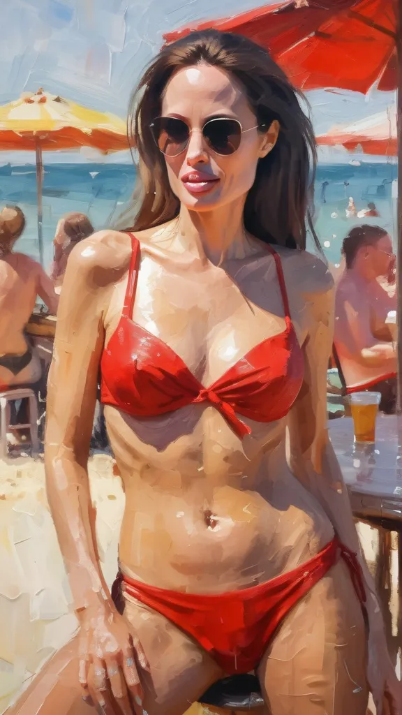 Impressionism, Angelina Jolie, red bikini in a beachbar, painterly, small brushstrokes, visible