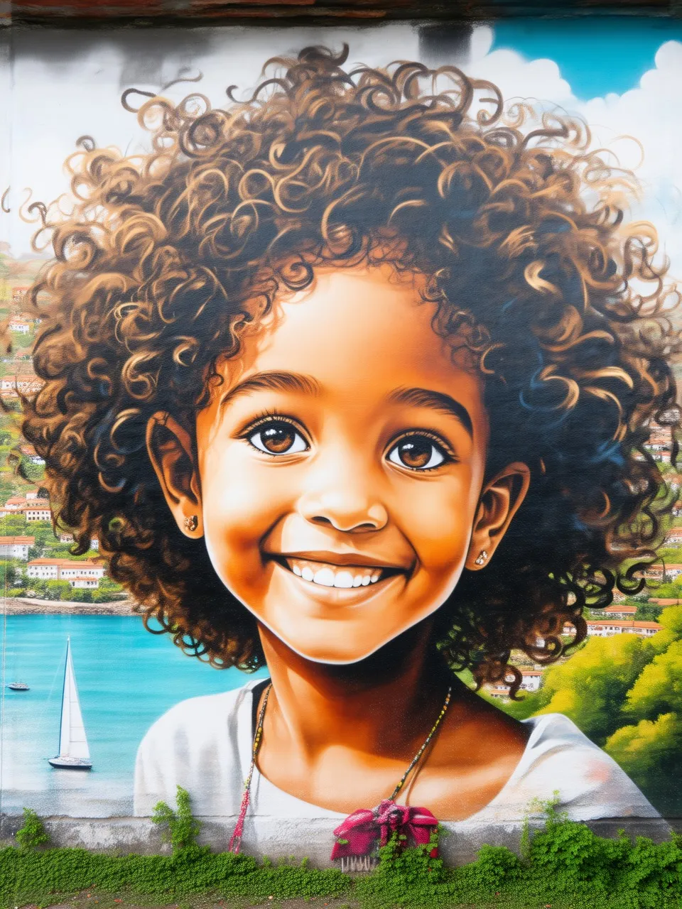 A street art mural of a young girl with curly hair and