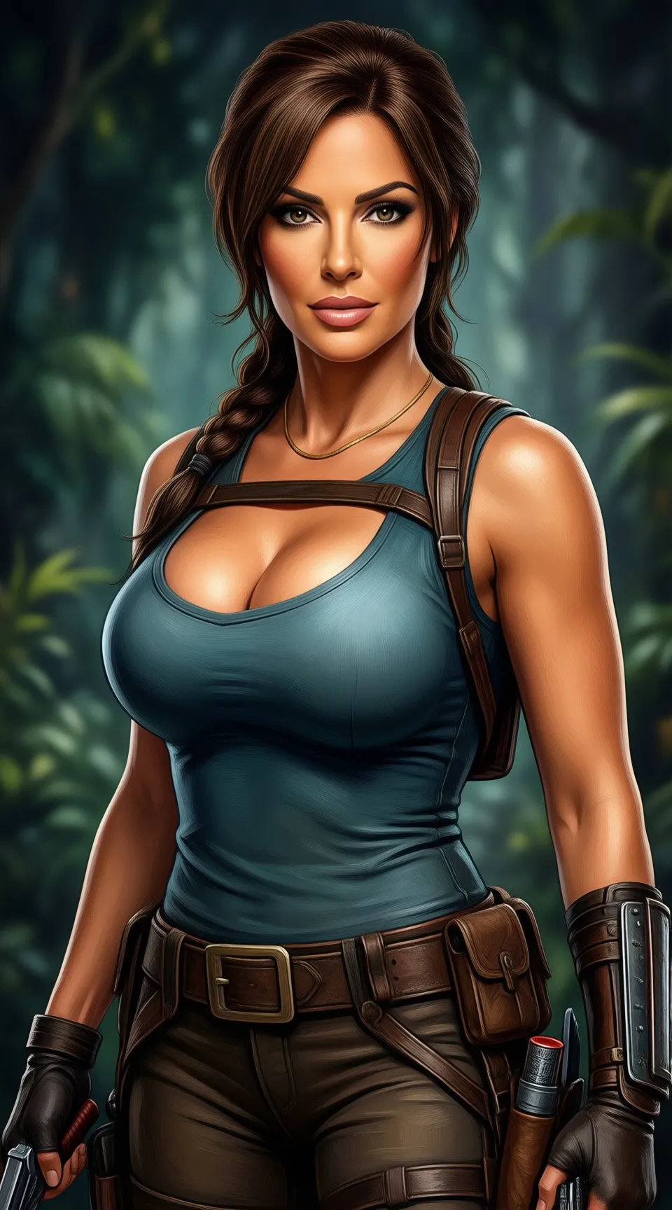 concept art Gloria Esteban as Lara Croft. Very large breasts . digital