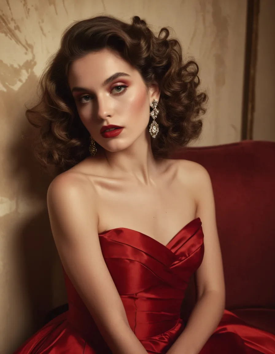 cinematic photo A vintage-inspired luxury fashion editorial shot featuring a poised woman