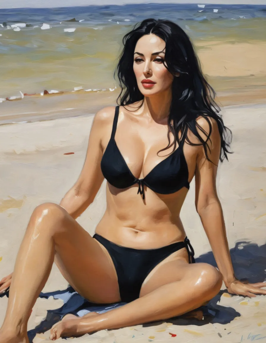 impressionist painting Monica Bellucci in black low-cut bikini sitting on the beach