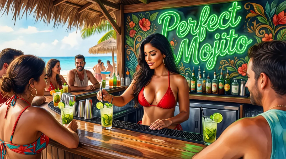 Watercolor style painting, a very detailed photo of a wooden beach bar