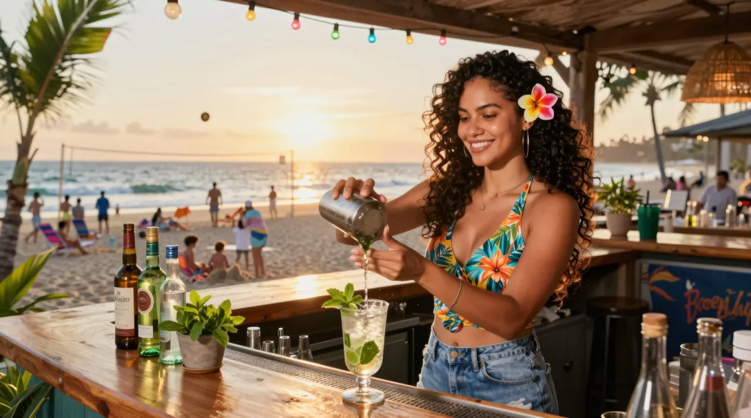 A sexy Latina barista stands confidently behind the counter of "The Perfect