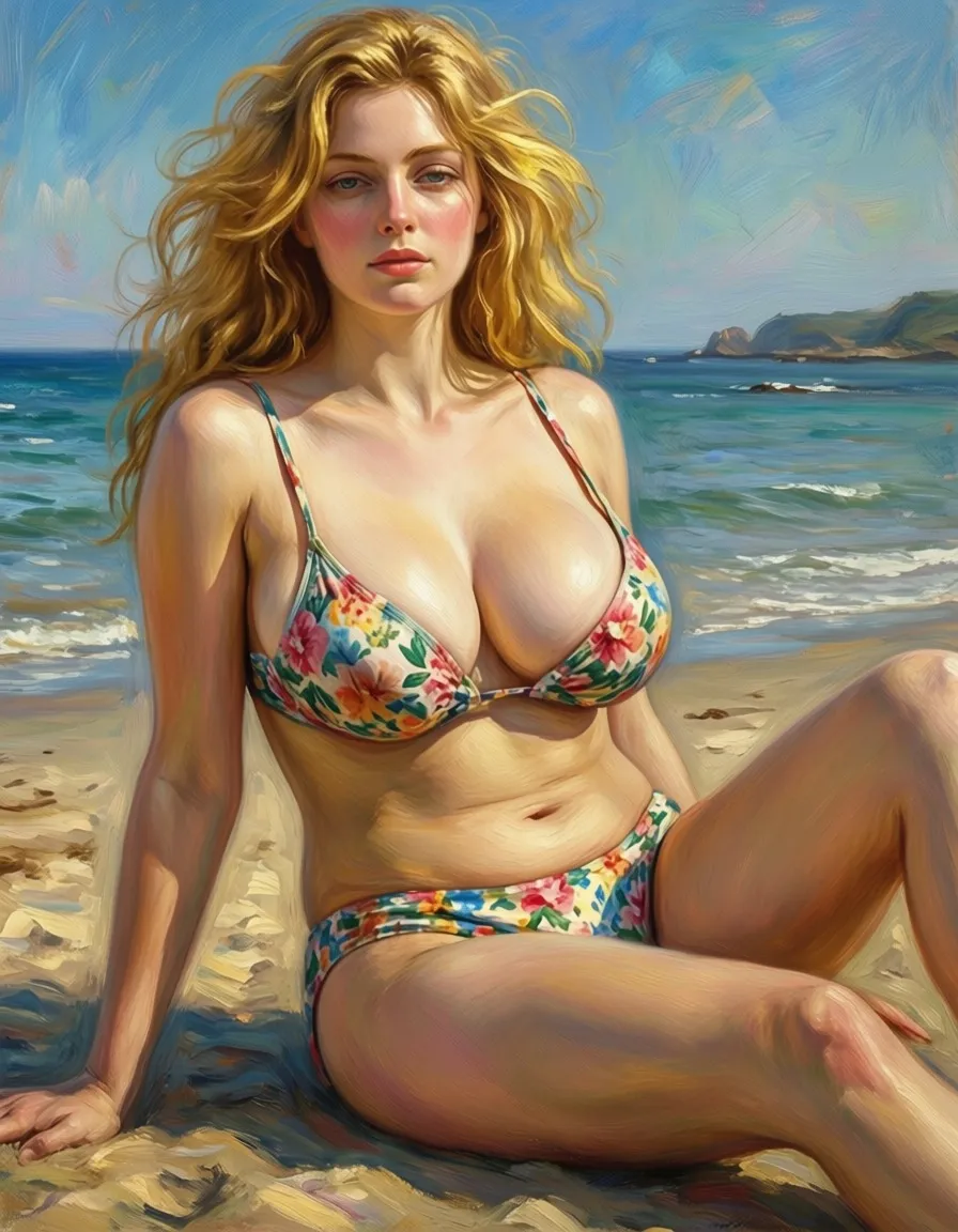 A beautiful blond woman with very large breasts in flowery bikini sitting