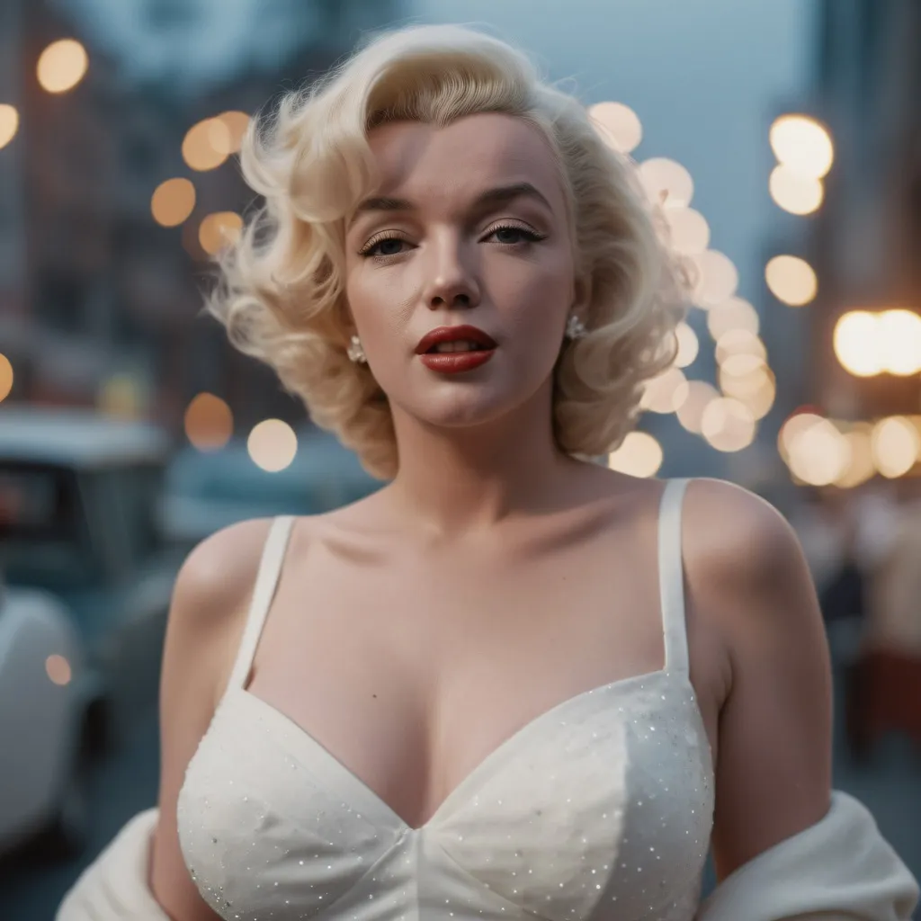 cinematic photo Marilyn Monroe in a white dress, big breasts . 35mm