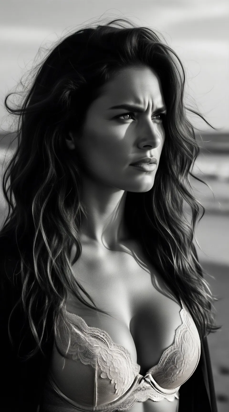 A striking black-and-white portrait of a woman with long, dark, and naturally