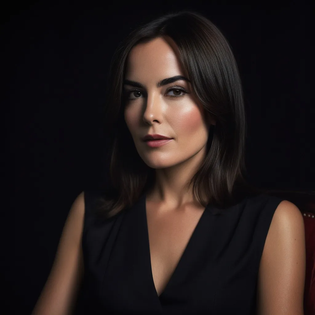 Photorealistic portrait of Camilla Belle seated in a chair straight to the