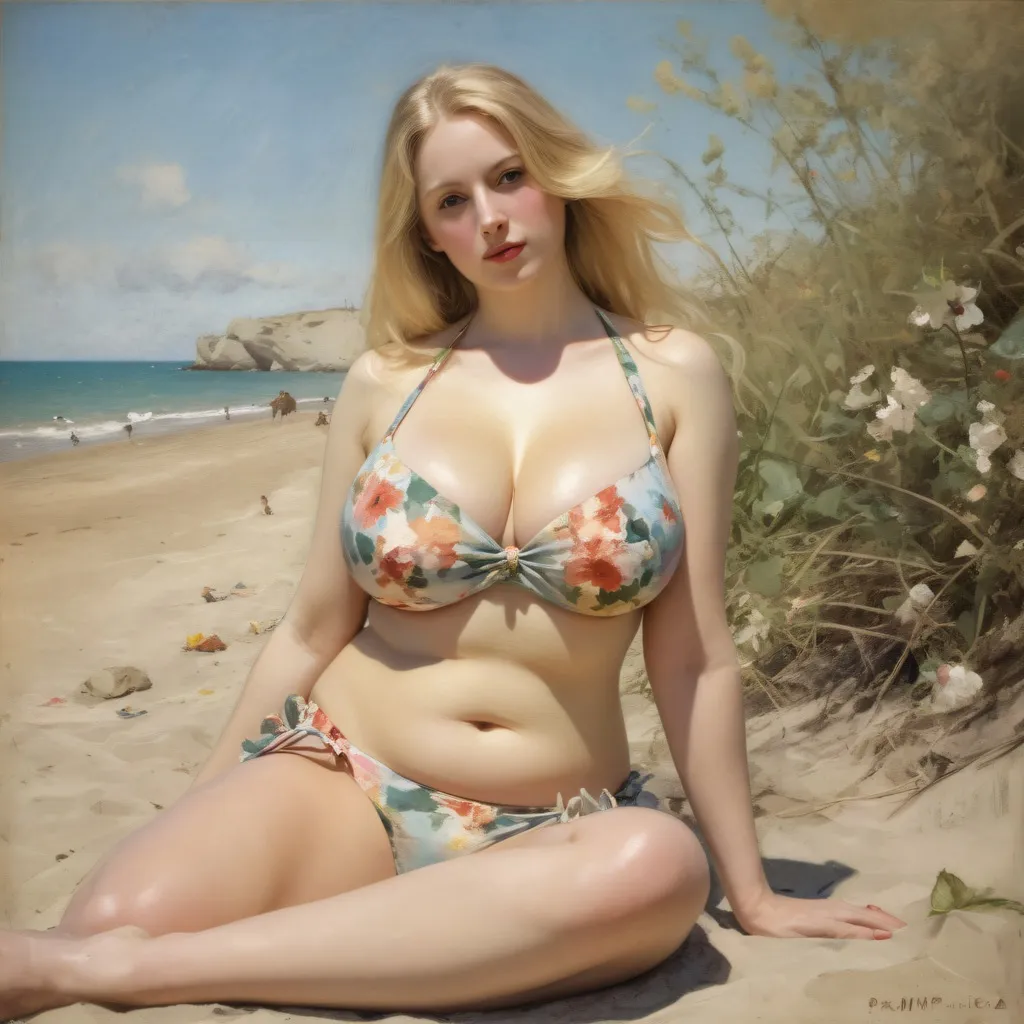 A beautiful blond woman with very large breasts in flowery bikini sitting