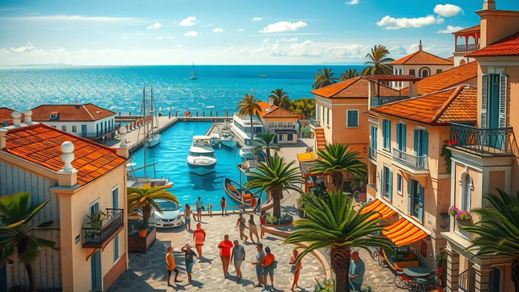 HDR photo of A picturesque colonial-style village situated by the sea, capturing