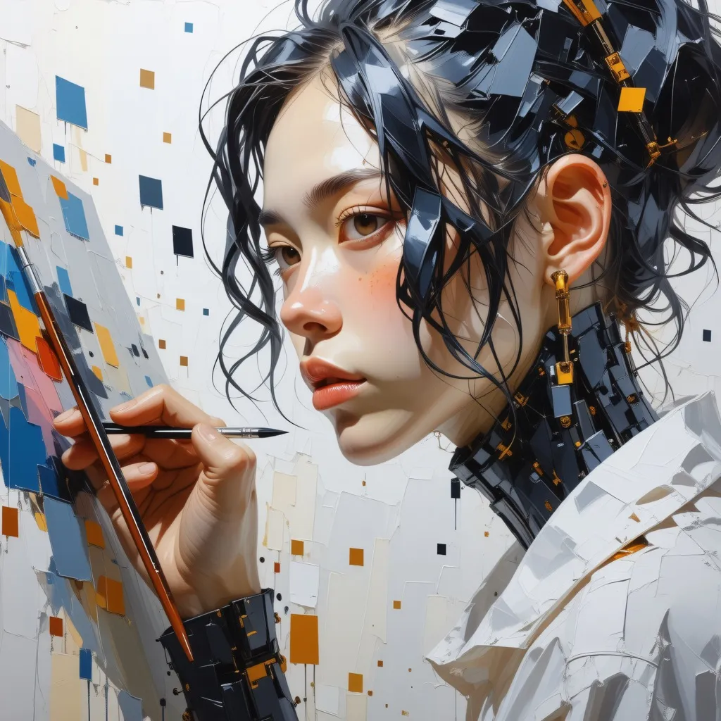 A digital painting of an AI artist painting a self-portrait, surrounded by