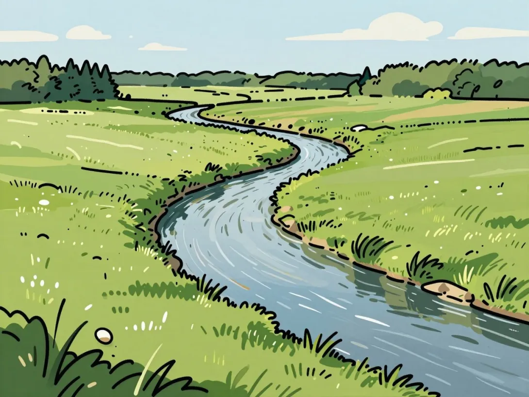 An illustration of a river winding through a meadow in the style