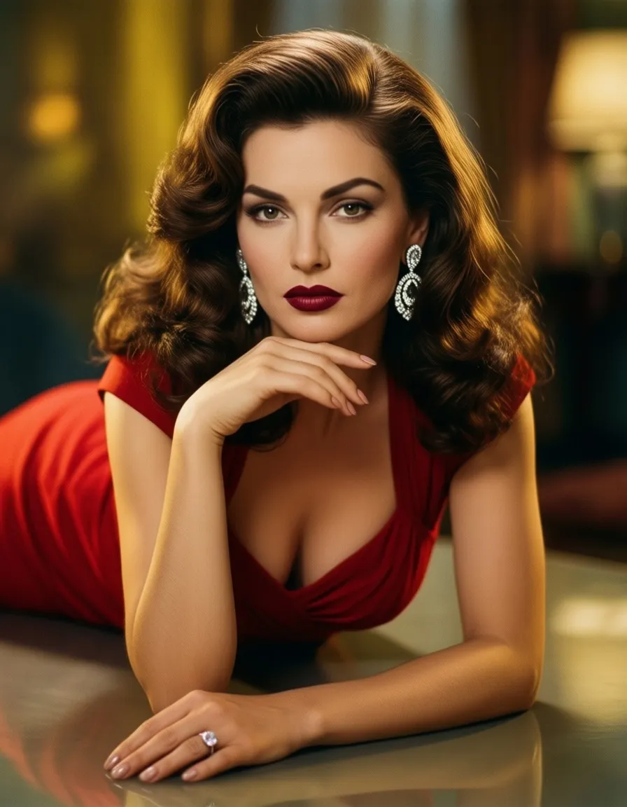 A captivating 1950s-inspired portrait of a glamorous woman with bold, vintage styling