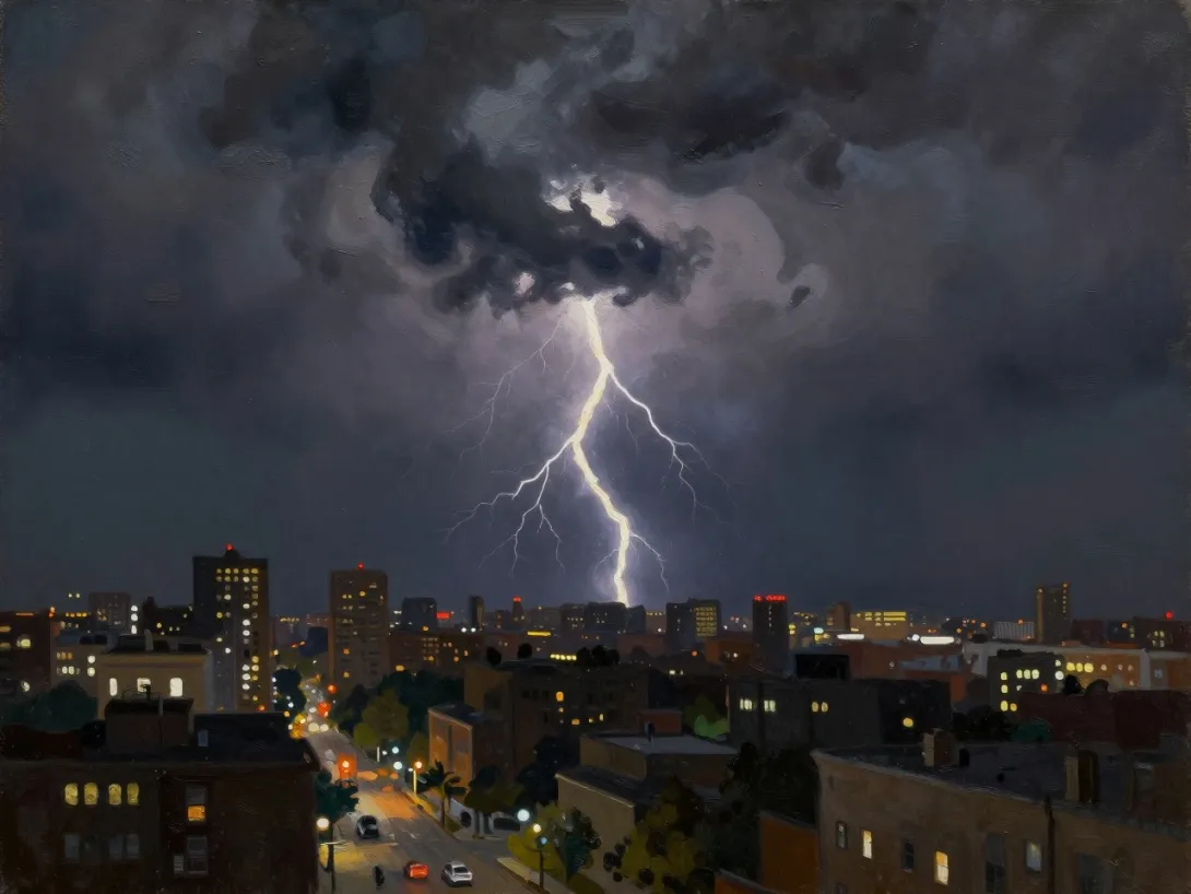 A low-detail oil painting of a thunderstorm over a cityscape with dark