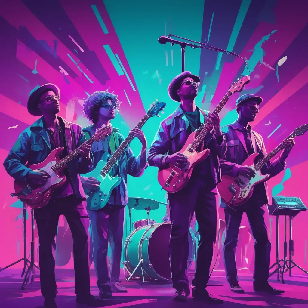 A colorful artistic illustration inspired by live music culture: musicians on stage