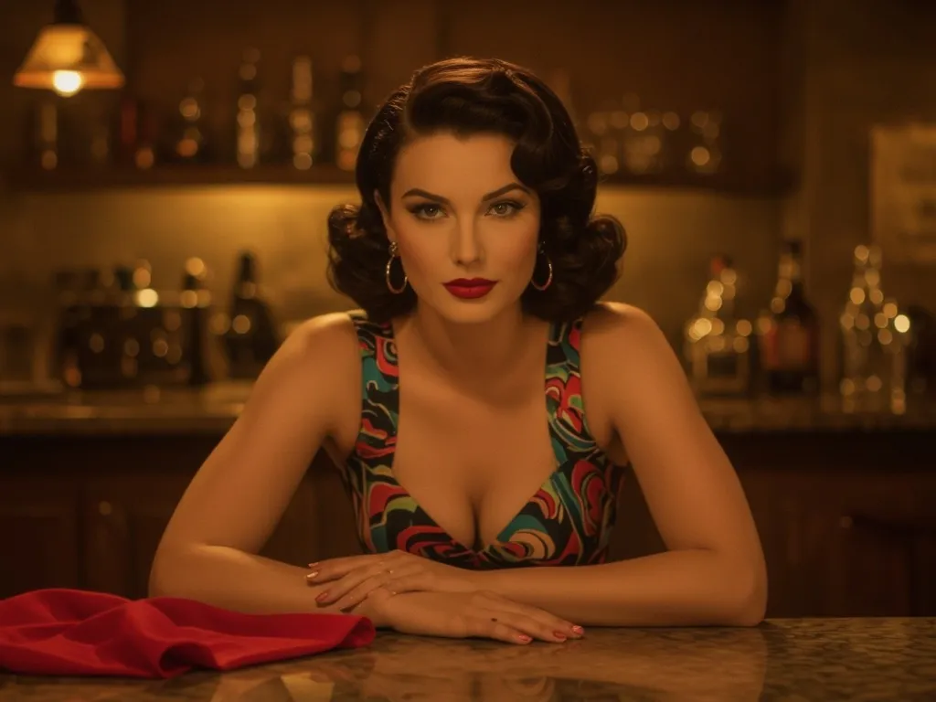 A glamorous woman with dark, voluminous curls styled in classic 1950s fashion