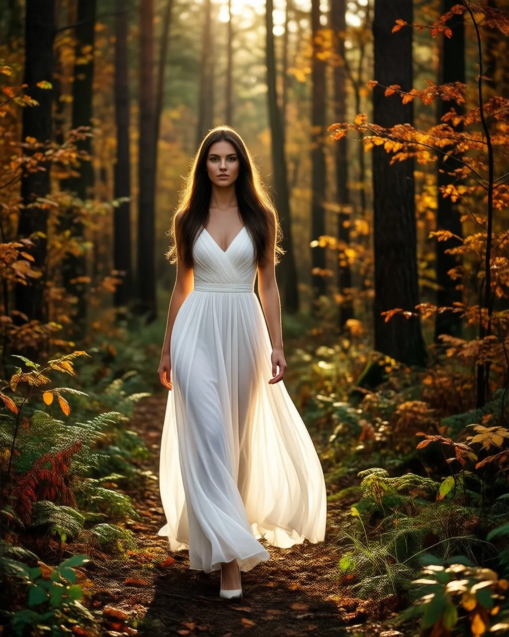 Subject: young woman, professional model Pose: walking forward, confident stride Clothing: flowing