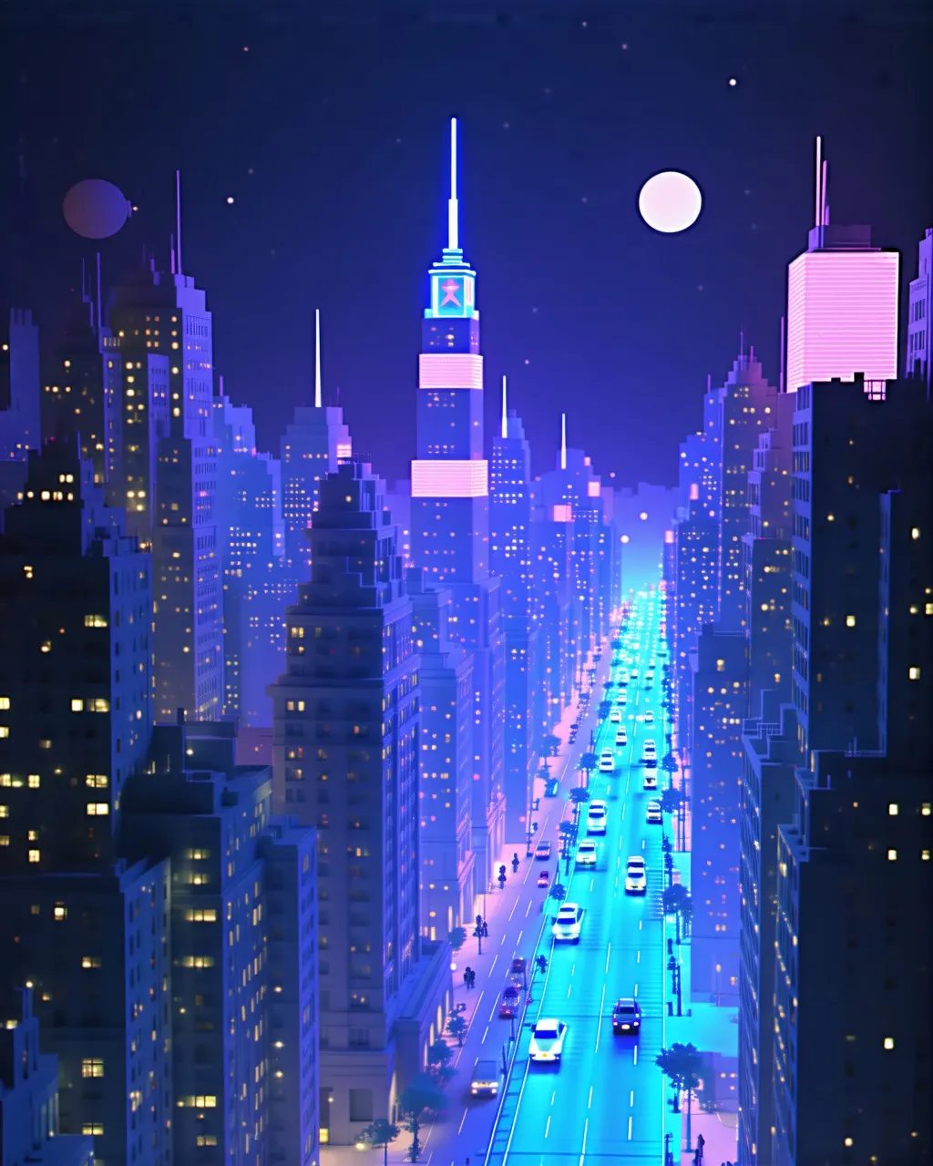 A 3D rendering of a cityscape at night with neon lights and
