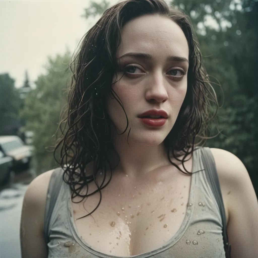 analog film photo Kat Dennings, wet t-shirt, upper body shot . faded