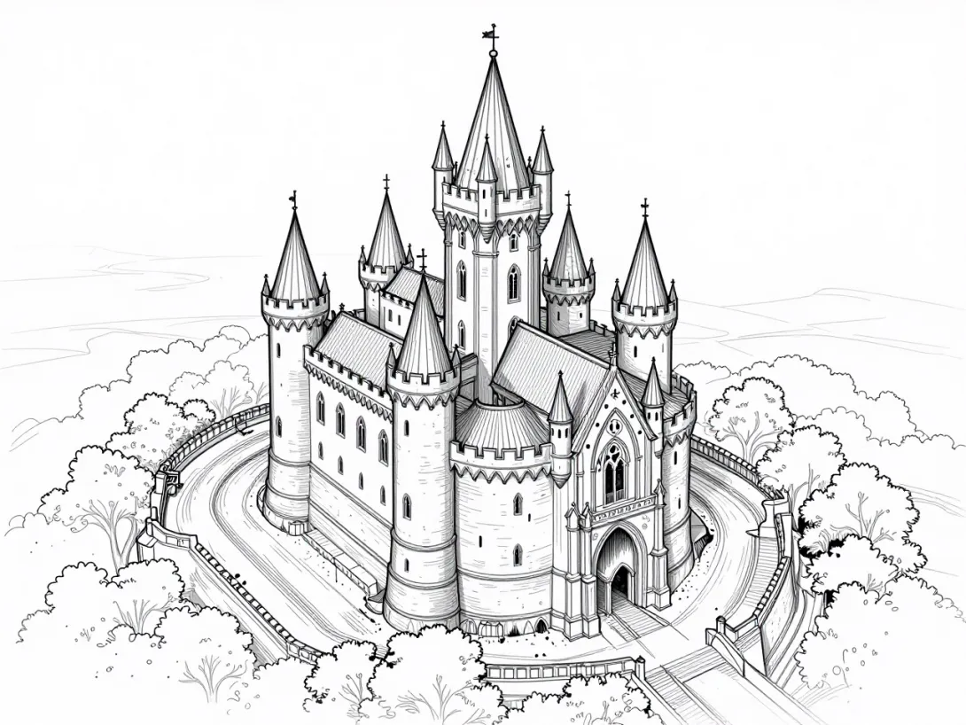 line art drawing - A sketch of a mysterious castle in the