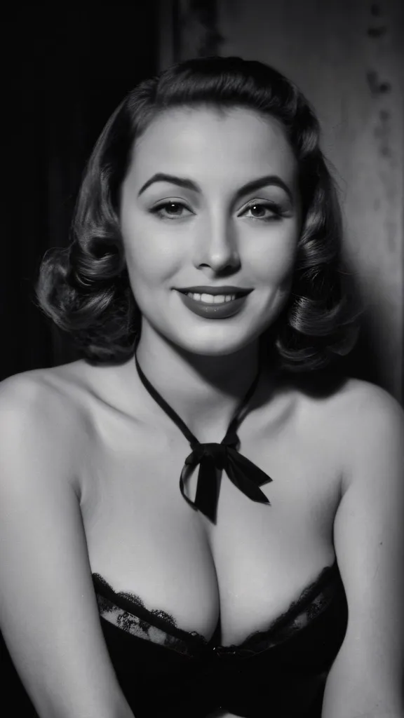 film noir style The image features a woman with voluminous breasts wearing