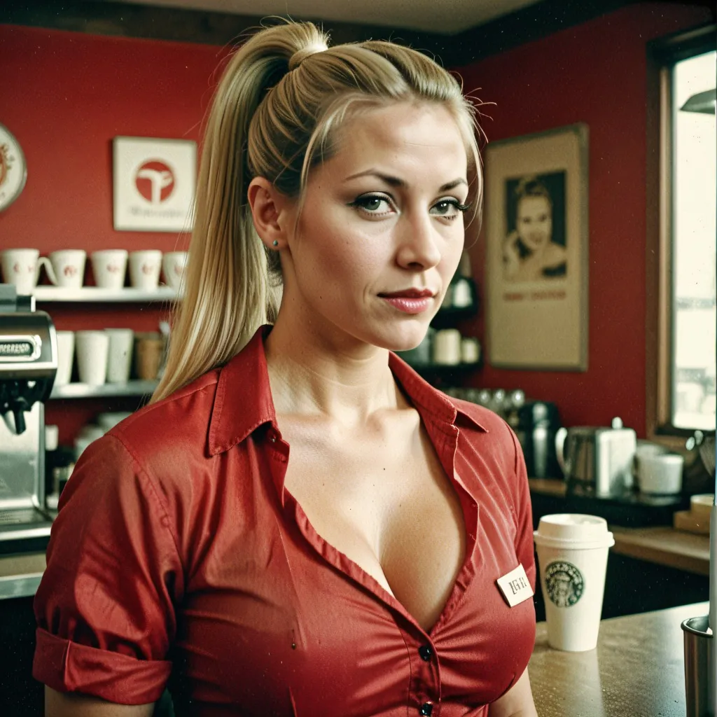 analog film photo a very sexy barista with long blond hair in