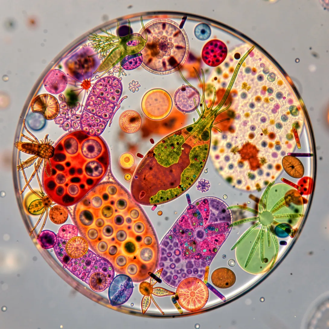 Create a highly detailed, colorful representation of a microscopic world inside a