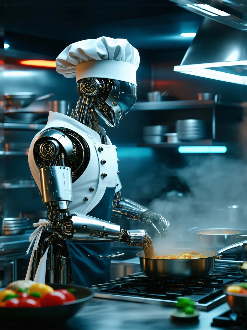 A 3D render of a robot chef cooking in a cyberpunk kitchen