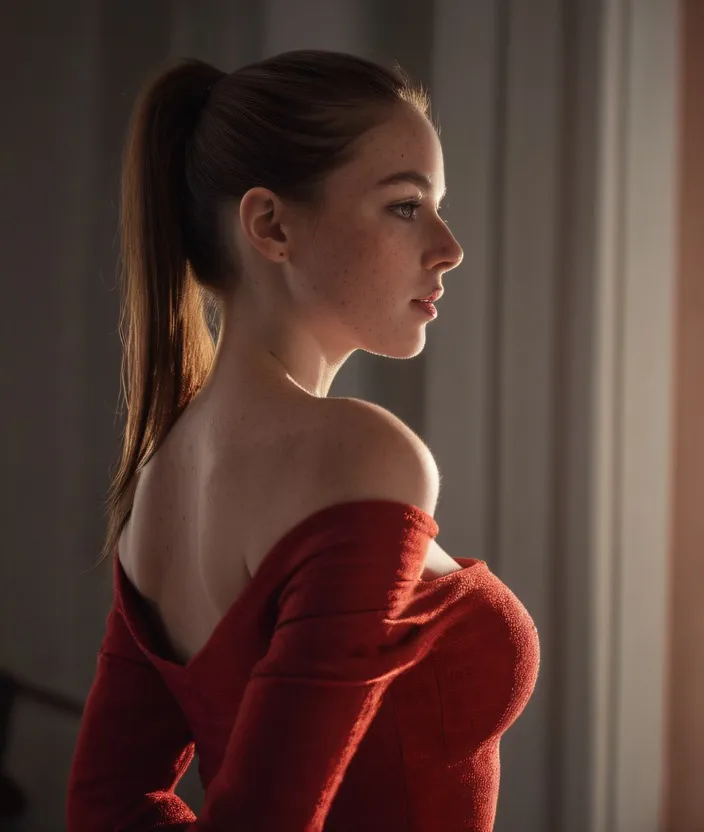 UHD, 8K, ultra detailed, a cinematic photograph of Red dress, woman, large