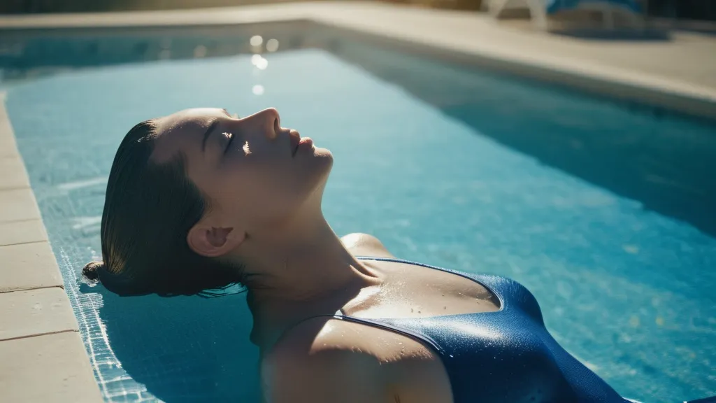 cinematic photo A calm, sunlit poolside scene with a woman lying on