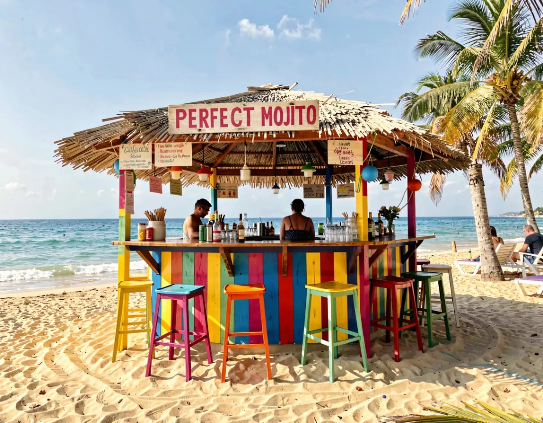 a beach bar called the perfect mojito seen from the beach, vibrant