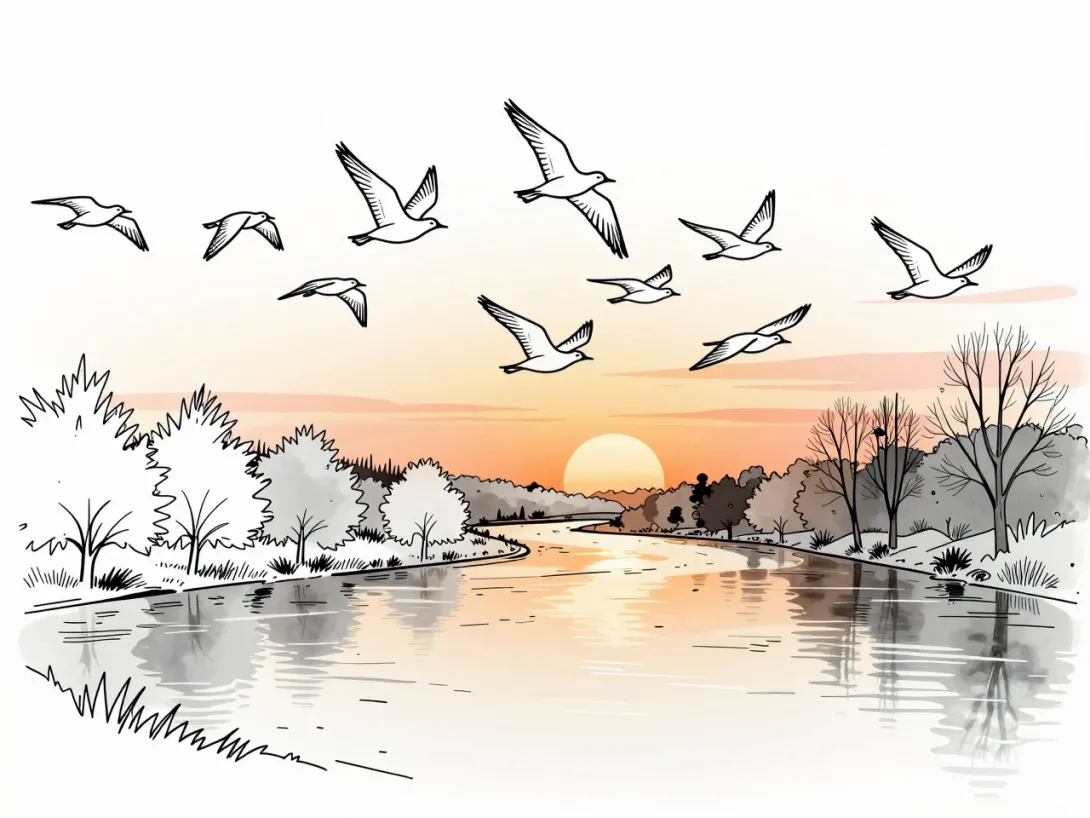 line art drawing - A watercolor painting of a flock of birds