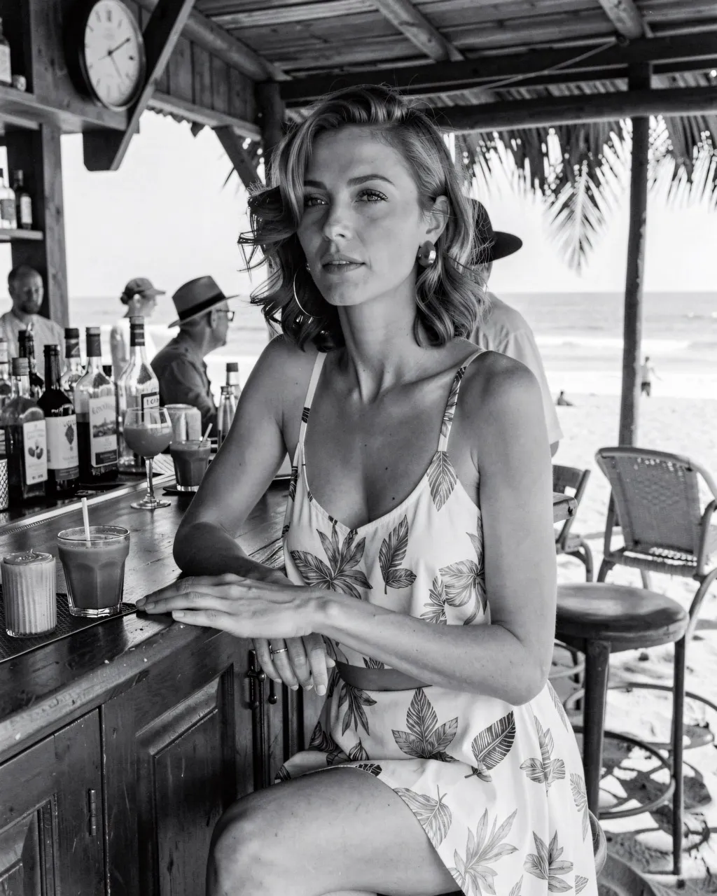 Penelope Cruz at a beach bar in the sixties. Black and White