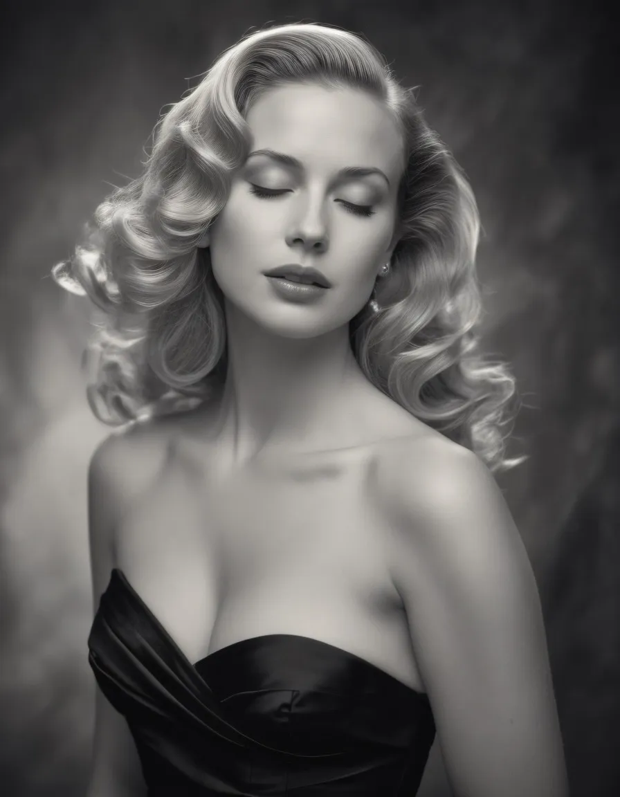 A classic black-and-white portrait of a glamorous blonde woman in 1950s Hollywood