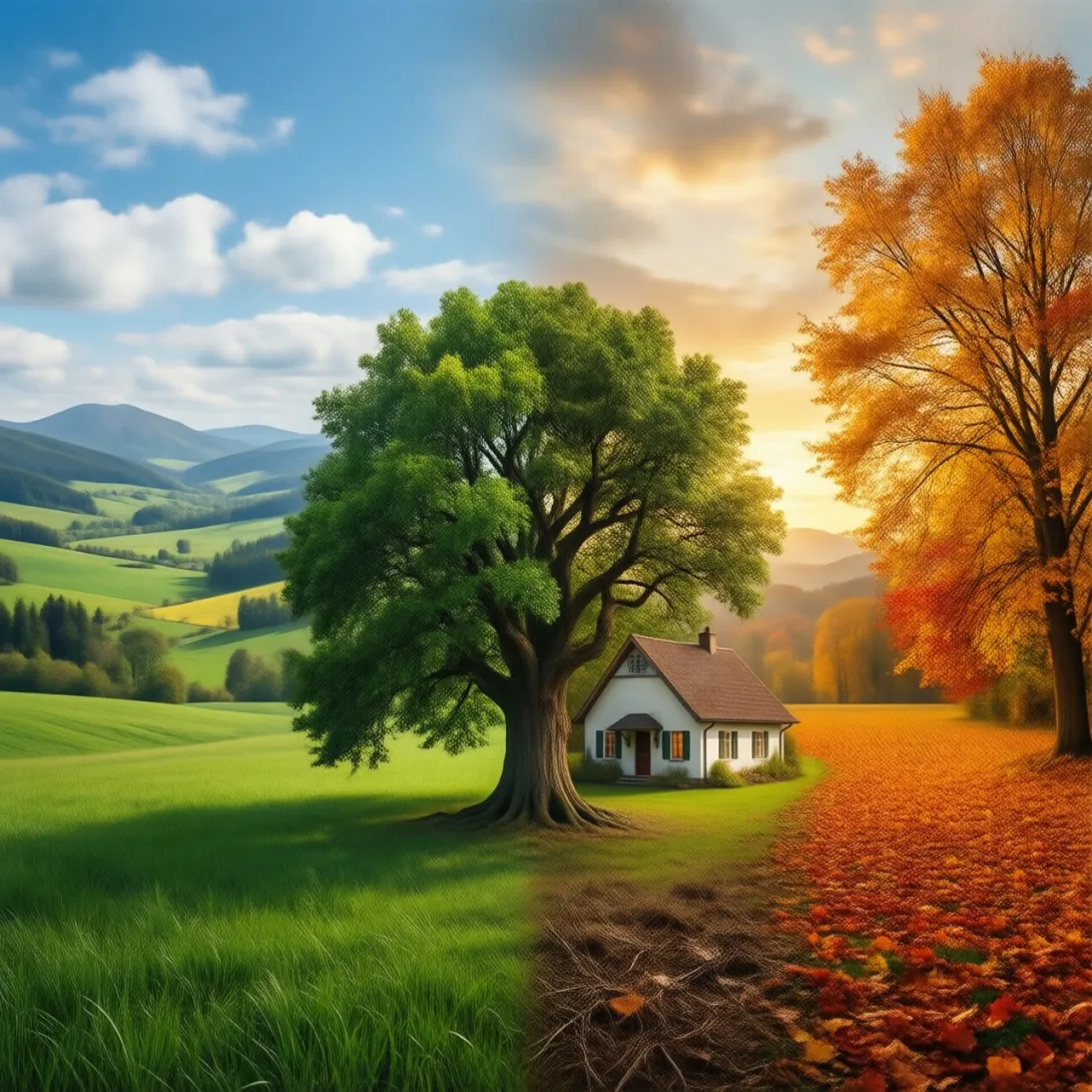 Generate a single landscape that seamlessly transitions through all four seasons from