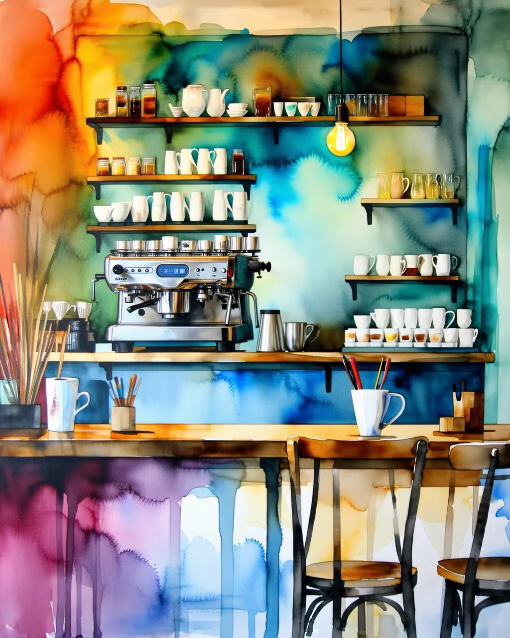 A watercolor painting of a coffee shop with surreal elements in vibrant
