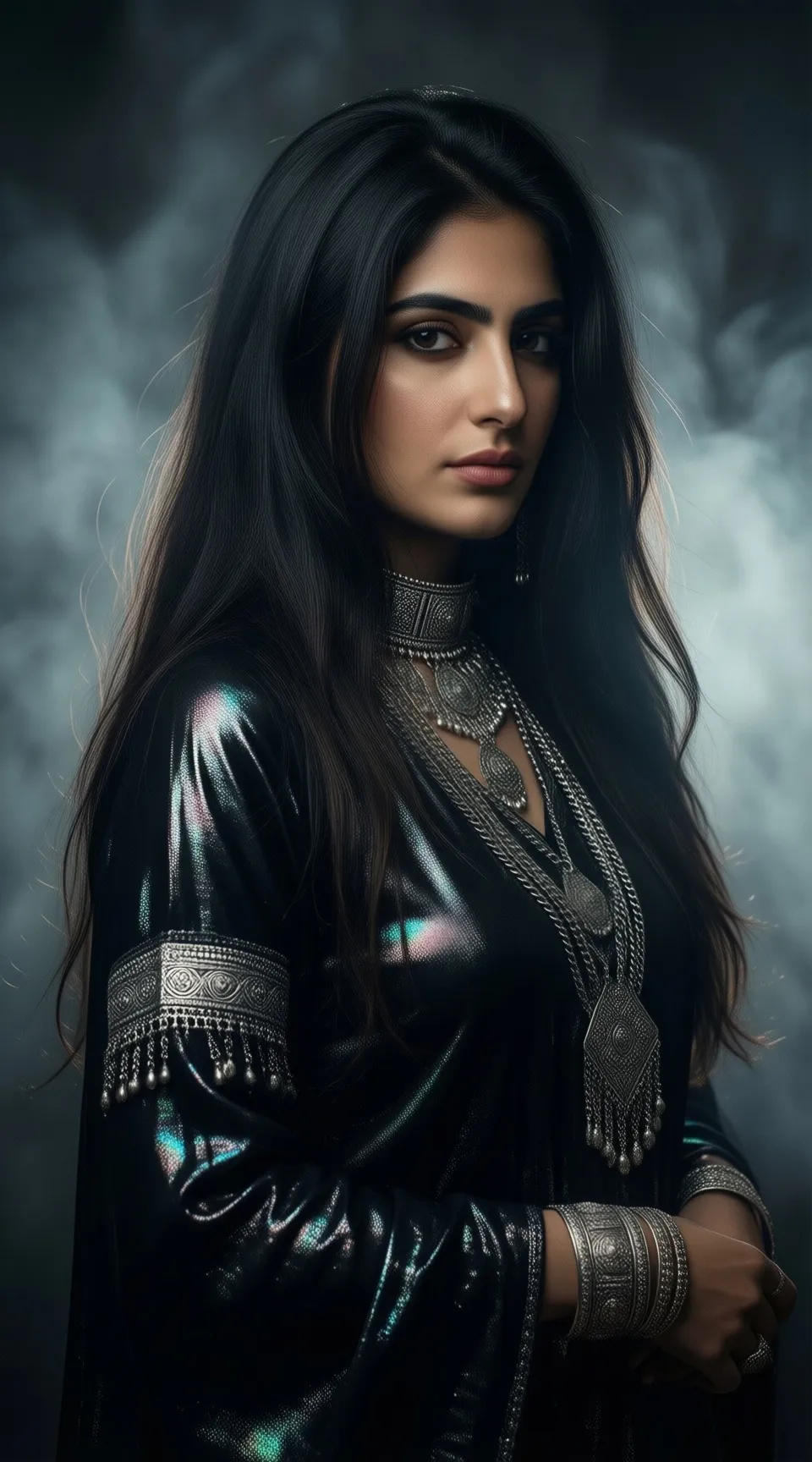 A moody, hyperrealistic portrait of a Persian woman with long, dark hair