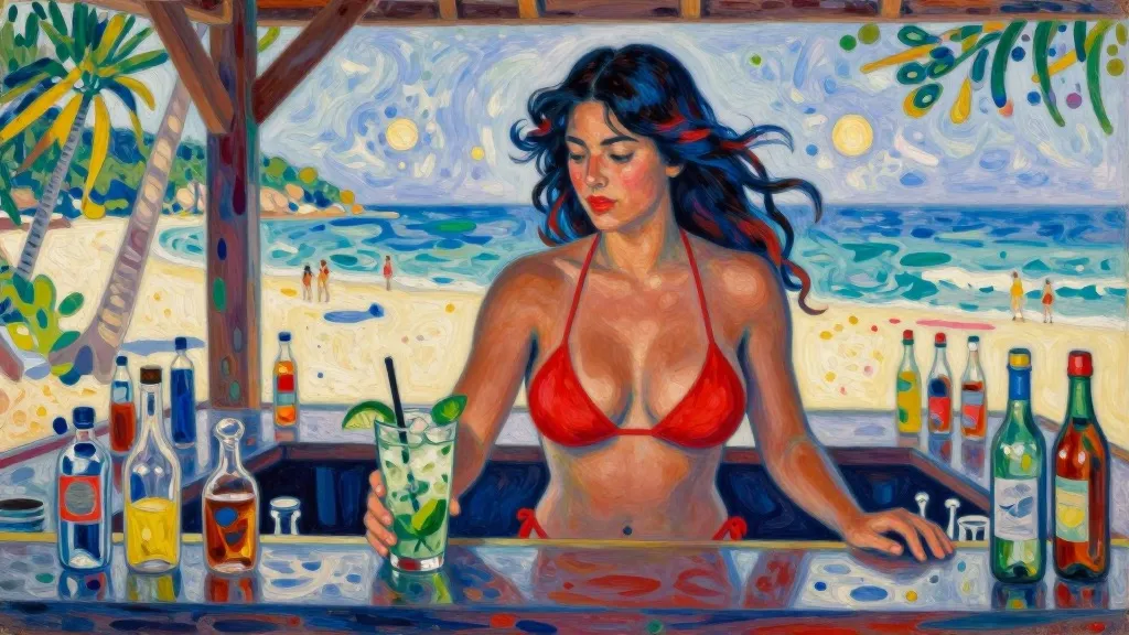 Neo-Impressionism, A 26 yo woman making a mojito in a beach bar