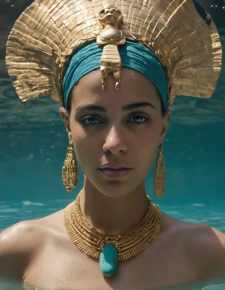 Create a serene and symbolic image of Cleopatra bathing in the Nile