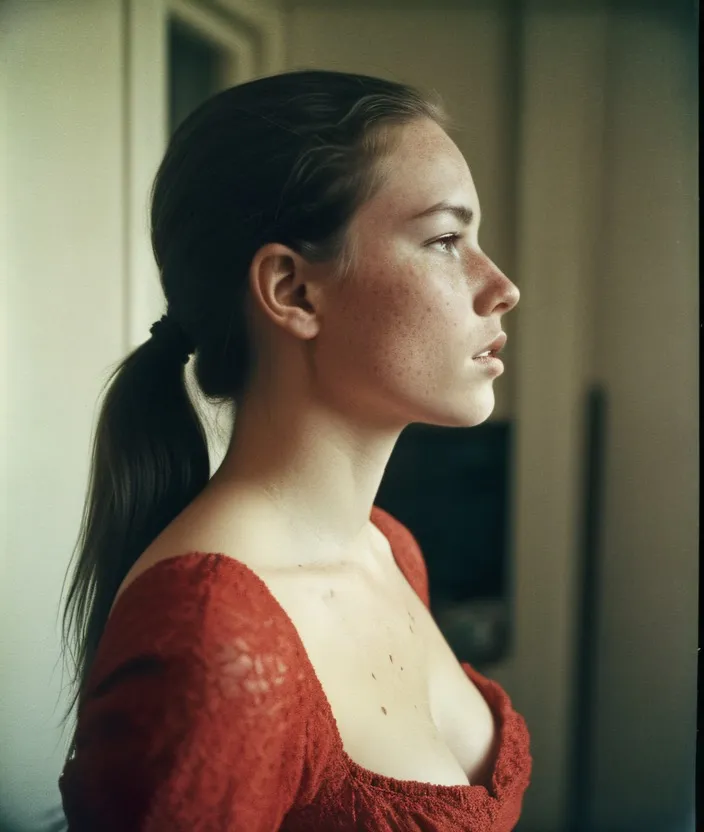 analog film photo Red dress, woman, large breasts, freckles, ponytail, long hair