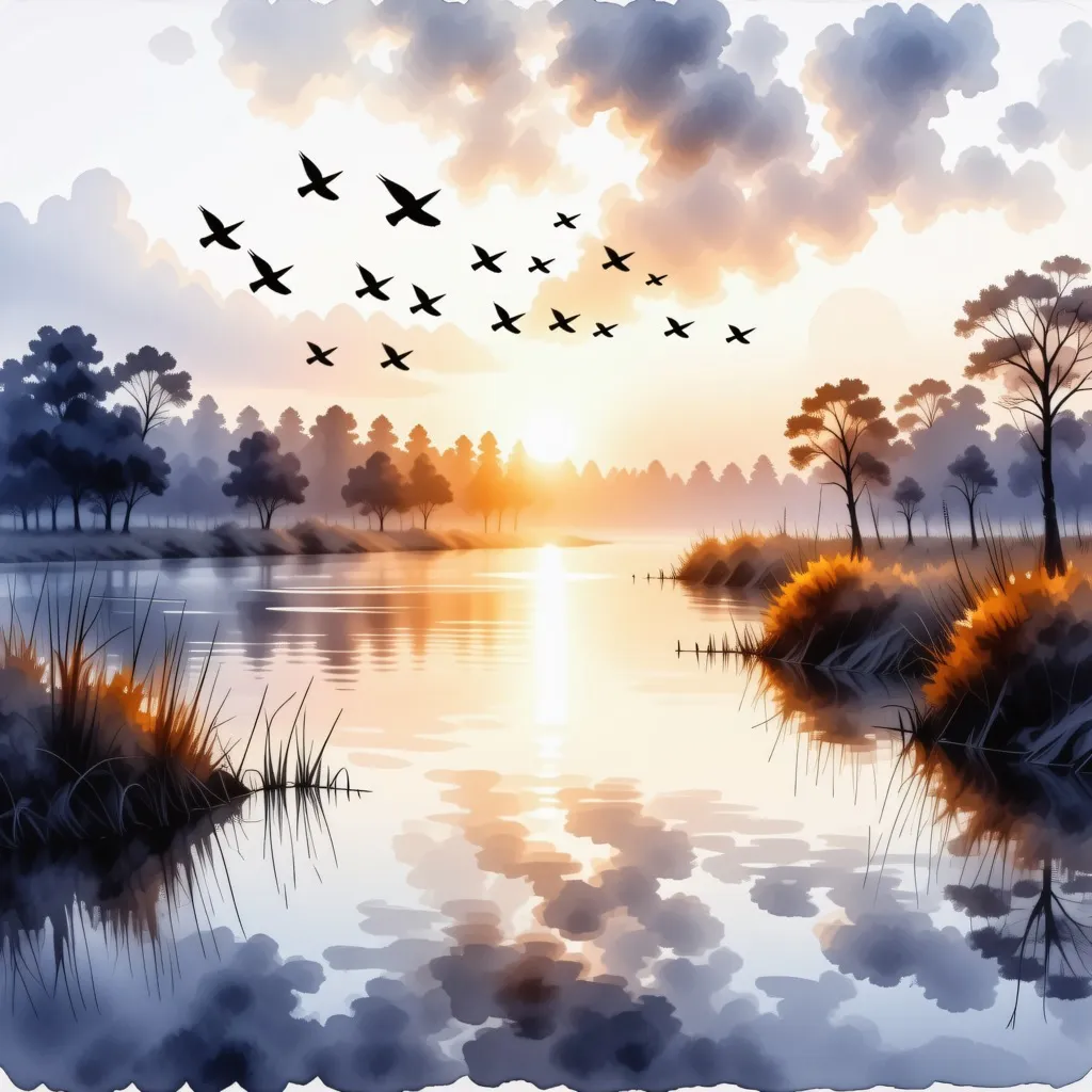 A watercolor painting of a flock of birds flying over a river