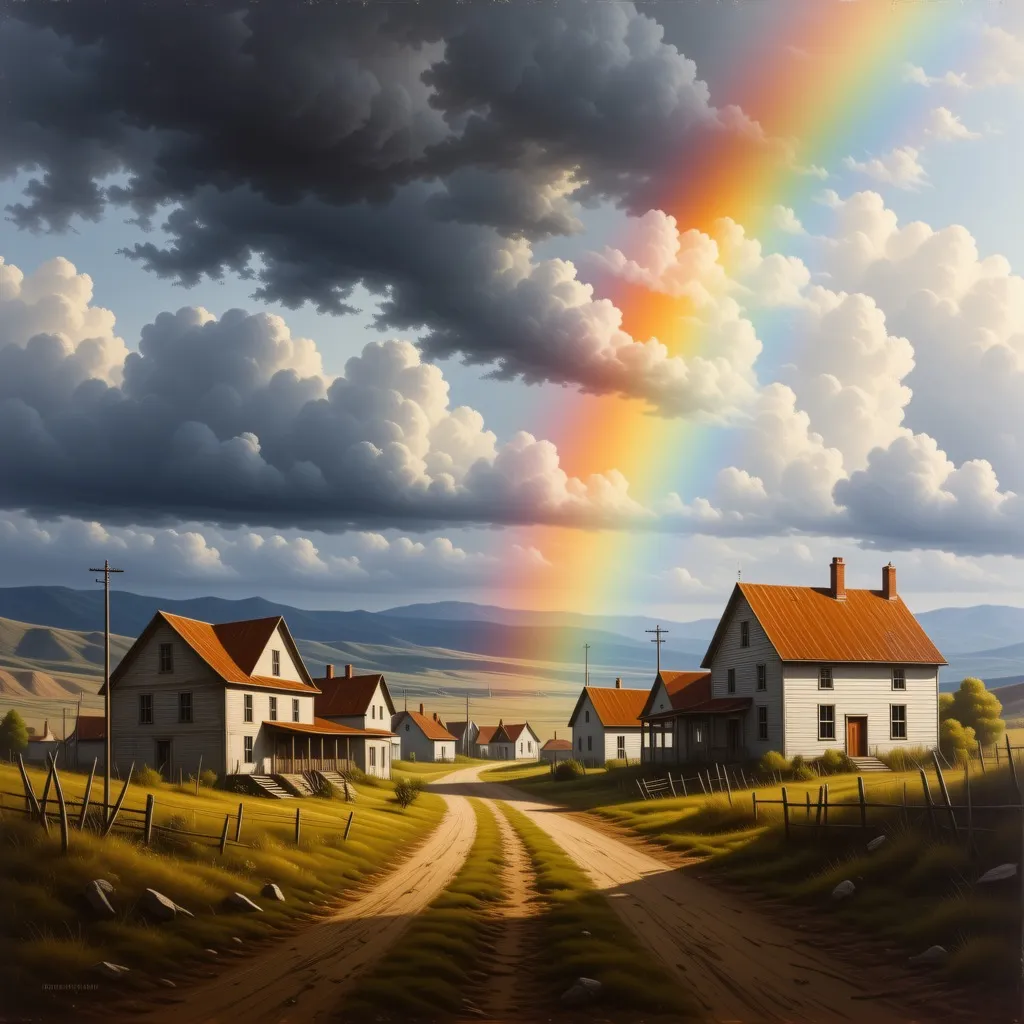 An oil painting of a rainbow over a rural abandoned town with