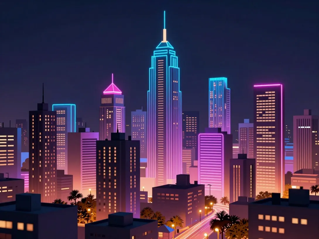 A 3D rendering of a cityscape at night with neon lights and