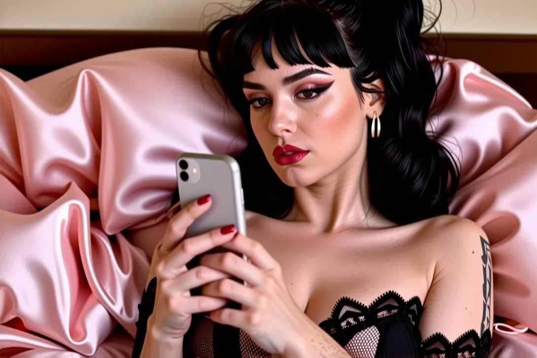 Sultry boudoir photography Katy Perry looking at iPhone.. Silks, elegant lingerie, seductive