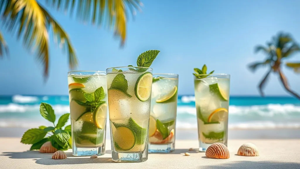 some mojito glasses with water drops on the outside, ice cubes standing