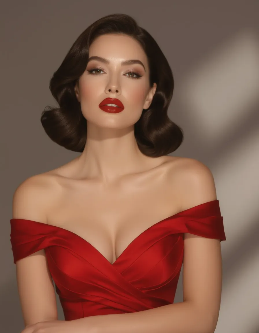 A sophisticated woman posed in a stunning red cocktail dress with an