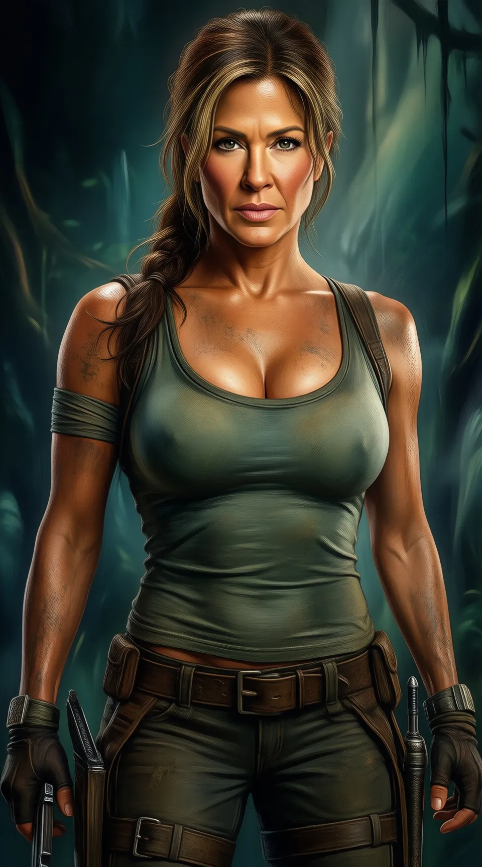 concept art Jennifer Aniston as Lara Croft wearing almost nothing. Very large