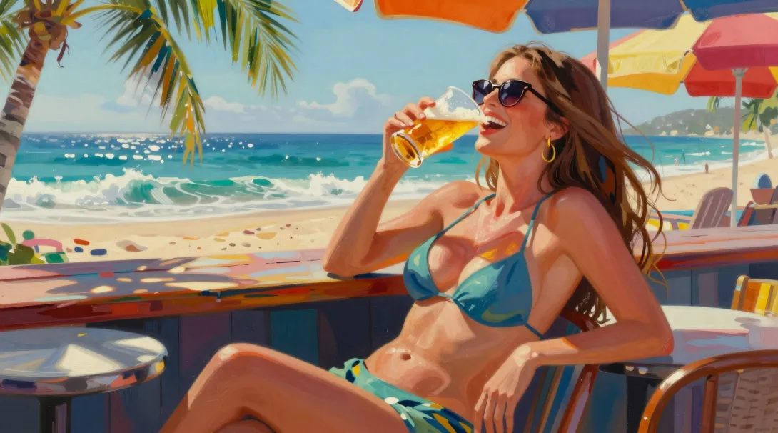 abstract expressionist painting Sofia Vergara lounges at a vibrant beach bar, golden