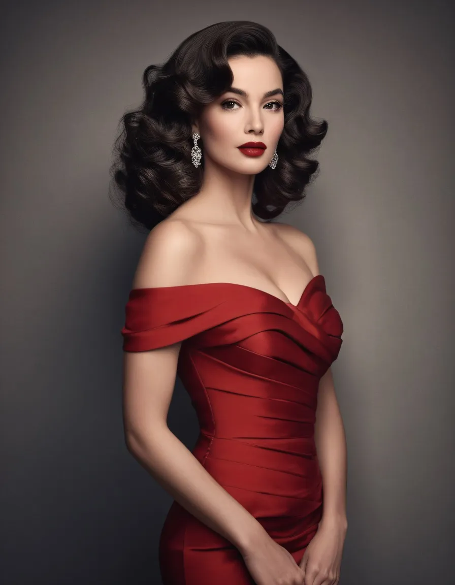A glamorous woman posed confidently in a form-fitting, elegant red dress with