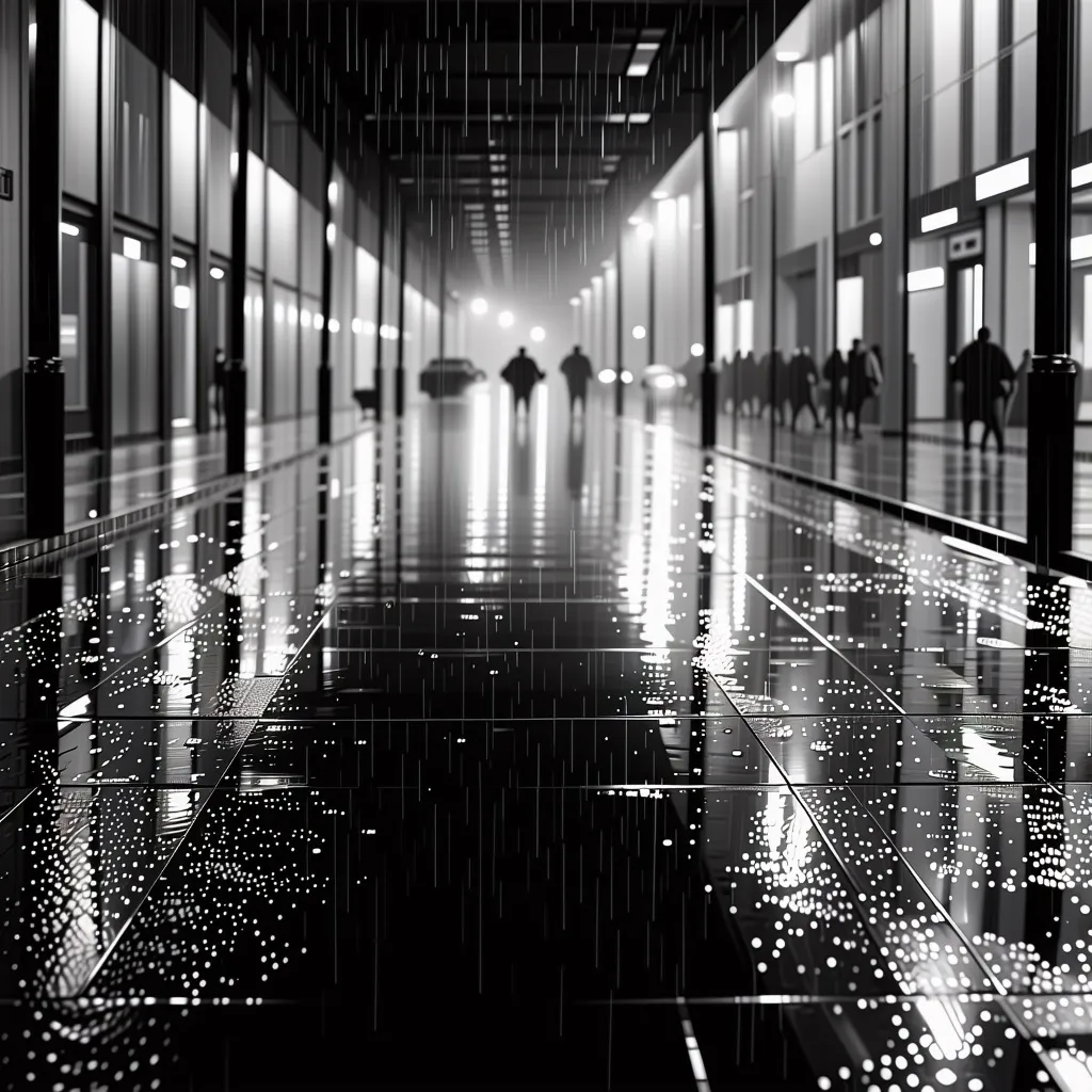 Black and white street photography of a rainy night in Barcelona, reflections