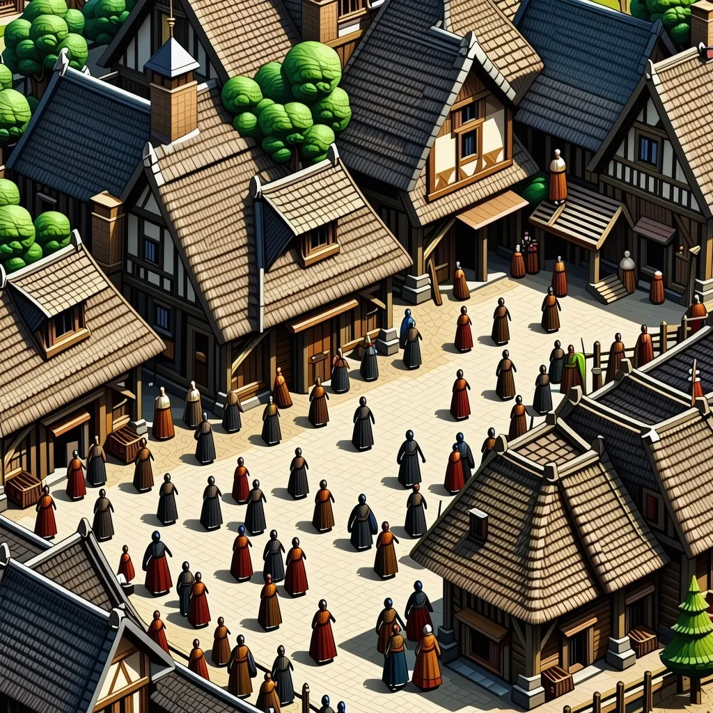Isometric digital art of a medieval village with thatched roofs, a market